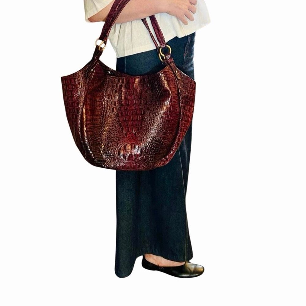 Brahmin Jacqueline Melbourne Fig Croc Embossed Wine Hobo Shoulder Bag Tote Gold - Picture 3 of 16